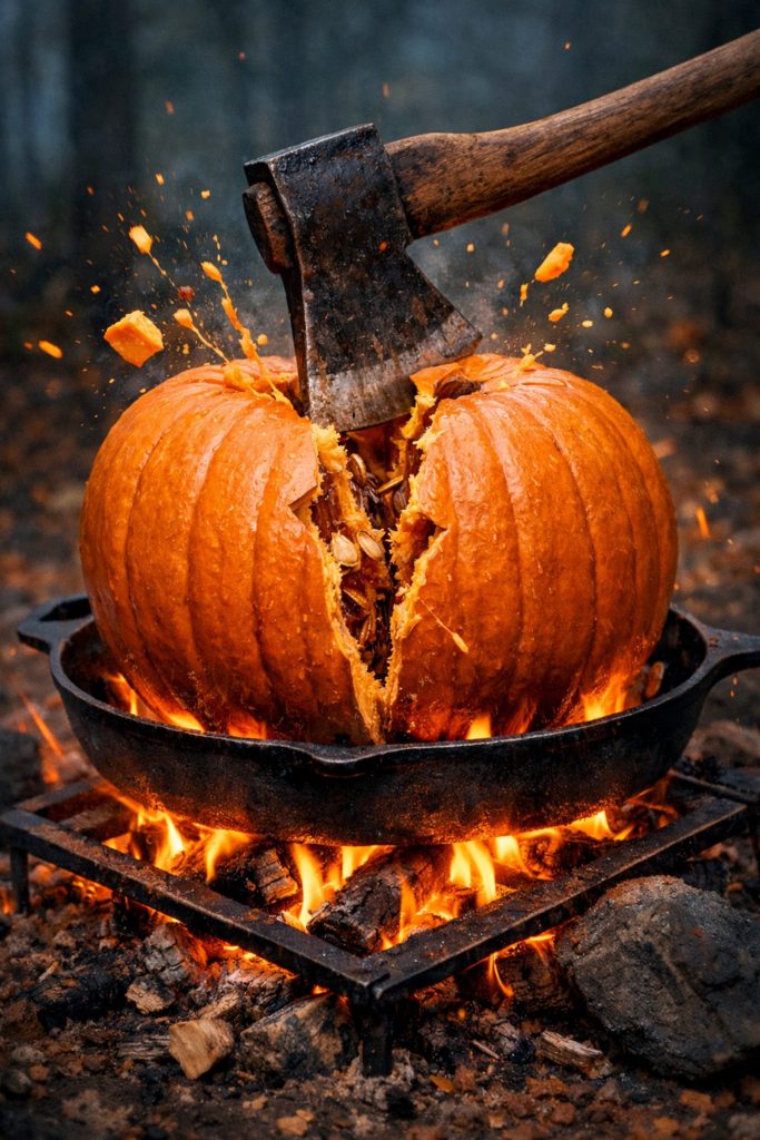 AI-generated image of a pumpkin being split by an axe while sitting in a cast iron skillet over an open fire, exaggerating a simple farm chore for humor.